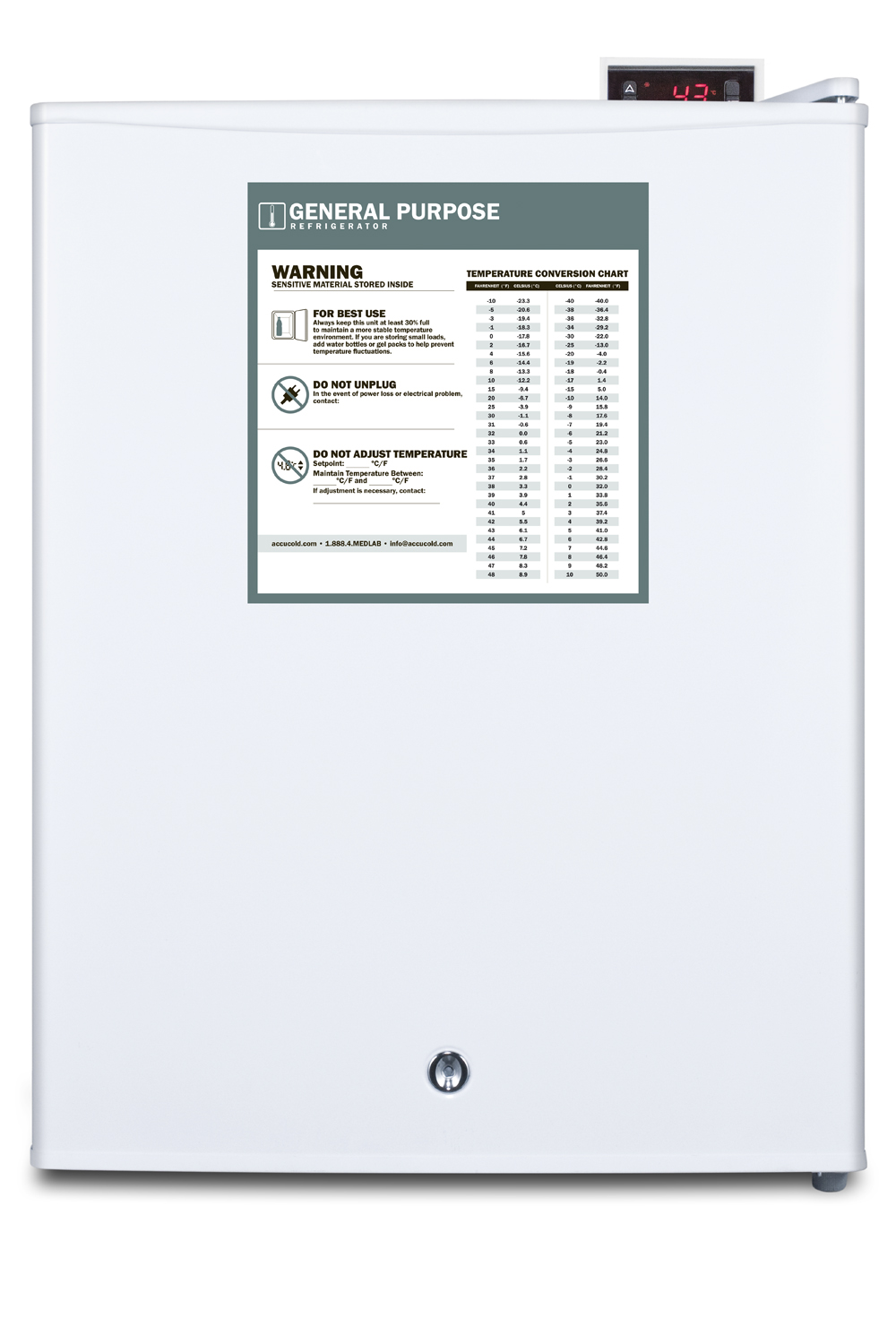 Compact general purpose all-refrigerator with automatic defrost, front-mounted lock, and white finish